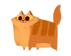 an orange cat with glasses on its face and tail, standing in front of a white background