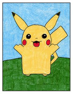 a drawing of a pikachu standing in the grass