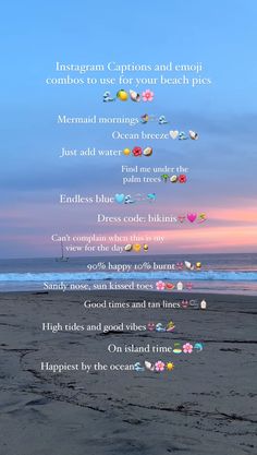 an image of a beach with the words instagram captions and emojs