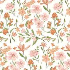 a floral pattern with pink flowers and green leaves on a white background for wallpaper