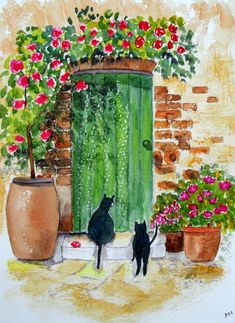 a painting of a black cat sitting in front of a green door with potted flowers