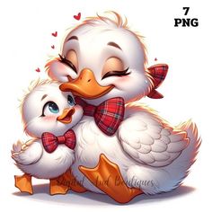 a white duck with a red plaid bow tie hugging a baby duck in its arms