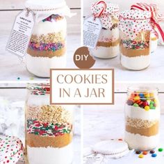 cookies in a jar with candy and sprinkles on the top, inside and outside