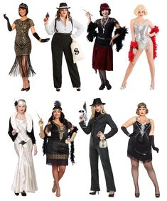 several women dressed in costumes and hats posing for the camera, all wearing different outfits