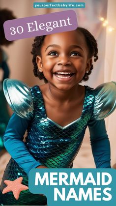 A little girl dressed as a mermaid for an article about 30 magical mermaid names for little girls and story characters Mermaid Names, Names For Girls, Modern Names, Story Characters, Girl Names, By The Sea