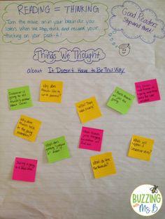 a bulletin board with post it notes and writing on the wall that says reading = thinking