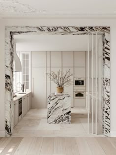 a white kitchen with marble counter tops and cabinets in the corner, along with a plant