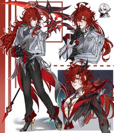 an anime character with red hair and black pants