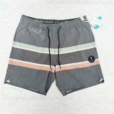 Men’s Charcoal Gray Stripe Boardshorts From Vissla Size Large Elasticized Drawstring Waist And Pockets Brand New With Tags Casual Surfing Shorts, Gray Beach Bottoms With Built-in Shorts, Gray Vacation Shorts, Casual Surfing Shorts With Pockets, Casual Bermuda Surfing Shorts, Gray Shorts For Beach, Casual Relaxed Fit Surfing Shorts, Gray Relaxed Fit Beach Bottoms, Gray Beach Shorts