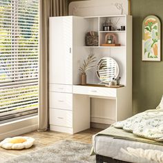 a white bed sitting next to a window with blinds on top of it and a dresser in the corner