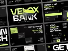 a series of brochures with neon green and black text on them, including the words velox bank