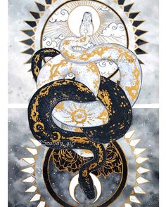 a drawing of a snake on top of a white and black background with gold accents