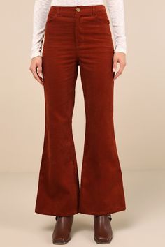 It is assured that every fall look you create with the Lulus Guaranteed Trend Rust Corduroy High-Rise Wide-Leg Pants will be compliment-worthy! These retro-inspired pants have a sturdy corduroy composition that shapes a high-rise waist with belt loops, a four-pocket cut, and a top button closure above a hidden zip fly. The chic, wide pant legs fall to flaring, full-length hems. Fit: This garment fits true to size. Length: Floor length. Size medium Inseam: 31.00 Front Rise: 12.25 Waist: Fitted - Flare Leg Pants, High Rise Pants, Wide Pants, Glam Rock, Fall Looks, The Chic, Retro Inspired, Everyday Outfits, Leg Pants