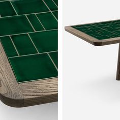 the table is made out of wood and has green tiles on it, as well as a