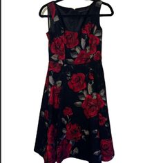 Euc Whbm Red Rose Dress With Black Background Modest Scoop Neck Lined Measurements Shown In Pics Sz 2 Red Rose Dress, Rose Dress, Red Rose, White House Black, White House Black Market, House Black, Black House, Black Background, Black Backgrounds