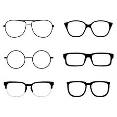 four pairs of glasses are shown in black and white, each with different frames on them