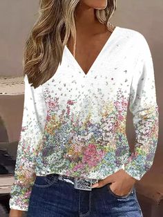 Zolucky offers stylish and concessional T-shirts.. SPU: 2941T-7RAD7B, Color: White, Neckline:V neck, Collection:NL. Fall Graphic Print V-neck Tops, White Printed Tops For Fall, Multicolor V-neck T-shirt For Fall, White Printed V-neck T-shirt, Casual White V-neck Top, White V-neck Casual Top, White Sublimation Print Top For Fall, Spring Long Sleeve T-shirt With Sublimation Print, Spring Printed V-neck Tops