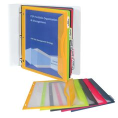 a binder with five different colored folders