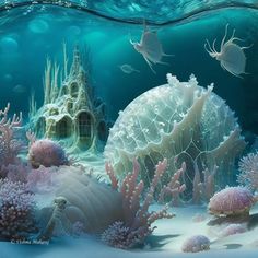 an underwater scene with corals and sea creatures