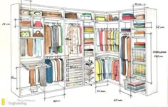 an open closet with clothes and other items on the shelves, labeled in blue marker