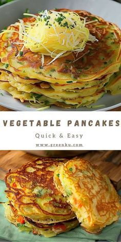 two pictures of pancakes with cheese and vegetables on them