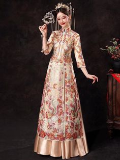 ⭐ Premium Handmade Item, High End Quality Gown; The very Elegant quality for Brides; ⭐ Item High Light: Classical Red Color; 4D Solid Tailor to Show Bride's Shape Beauty; Premium Satin Material Surface; Embroidery Golden Pattern盘金绣; Tassel jewelry decoration in front Chest and Sleeves/ Hemline; Tassel Satin with Pattern Skirt; Symmetrical Art design to show the beauty of Chinese Royal Wedding Fashion. ⭐ Made for Spring/Summer/ Autumn Season; Clothing Match Tips: Match to Loose Qipao Jacket/ High Qipao Jacket, Symmetrical Art Design, Formal Wedding Guest Attire, Surface Embroidery, Symmetrical Art, Ethereal Fashion, Chinese Wedding Dress Traditional, Asian Traditional Clothes, Chinese Bride