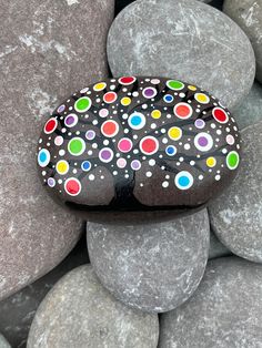 a painted rock sitting on top of some rocks with dots and circles on it's surface