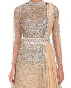 Beige Color Indo Western Gown Festive Reception Dress With Sheer Sleeves, Traditional Drape Dress With Sheer Dupatta For Gala, Floor-length Dresses With Sheer Sleeves For Reception, Festive Floor-length Evening Dress With Sheer Dupatta, Sequin Organza Gown For Gala, Gala Organza Gown With Sequins, Floor-length Sequined Lehenga For Gala, Sequin Floor-length Lehenga For Gala, Traditional Drape Embellished Evening Dress For Reception