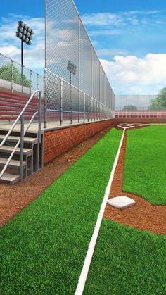 a baseball field with stairs and bleachers