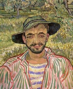 a painting of a man wearing a hat in front of a tree and grass field