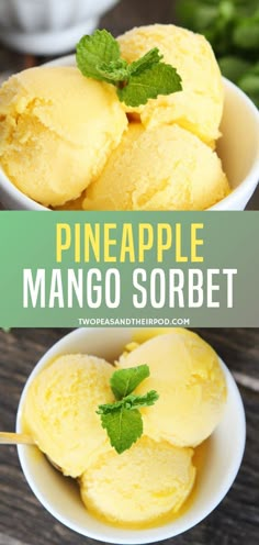 two white bowls filled with mango sorbet on top of a wooden table next to green