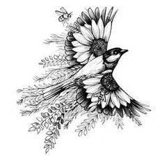 a black and white drawing of a bird with flowers