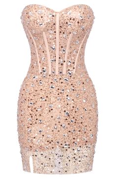 Strapless Corset Sequin Crystal Dress Nude Pink DESIGN: Color: Nude pink Strapless design Sleeveless Bustier detail Sequined Structured design Embellished with rhinestones Concealed zipper at back Gentle Dry Clean Only Length: Mini MATERIAL: Polyester + Cotton High quality durable fabric. Delicate sewing and hemming by durable needle lockstitch machine. YKK zipper (known as the most durable and reliable zippers manufactured today). To maintain the beauty of your garment, please follow the care instructions on the attached label. Color may vary due to lighting on images. The product images (without model) are closest to the true color of the item.     * Order one size up for a relaxed fit. * Pay special attention on measurements to ensure proper fit. * If you are between two Corset Dress Mini, Fall Going Out Outfits, Nude Pink Dress, September Outfits, Long Sleeve Bandage Dress, Dresses Hoco, Corset Dresses, Dresses Corset, Crystal Dress