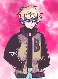 an anime character with blonde hair and glasses standing in front of a pink cloud background