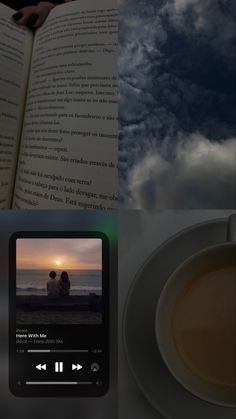 an open book sitting on top of a table next to a cup of coffee