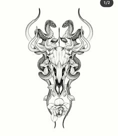 an animal skull with horns and flowers on it's head, drawn in black ink