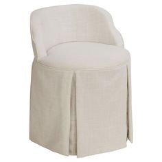 a white chair with a pleaed skirt on the back and seat cover over it