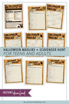 halloween madbles and scavenger hunt for teens and adults with free printables