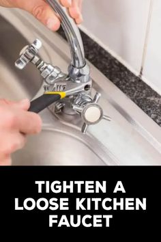 a person fixing a kitchen faucet with the words, tighten a loose hose kitchen faucet