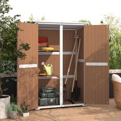 an outdoor storage shed is shown with tools and cleaning supplies in the open door area