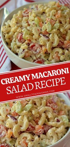 creamy macaroni salad recipe in a white bowl with red and green striped napkin