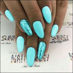 Spring Nail Art Designs, Blue Gel Nails, Turquoise Nails, Glitter Gel Nails, Blue Nail, Spring Nail Art, Spring Nail, Cute Spring