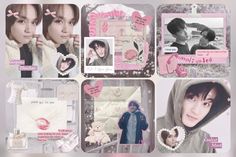 the collage has pictures of people in pink and white with heart shaped decorations on them