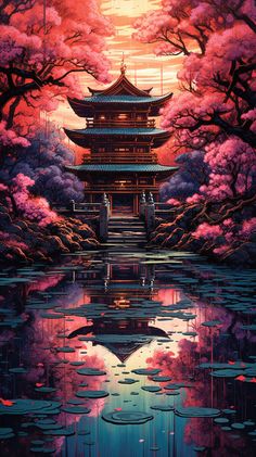 Looking for a beautiful sight in Japan? Experience the captivating beauty of japanese building at sunset in its unique culture tradition. Displate is a one-of-a-kind metal poster designed to capture your unique passions. Sturdy, magnet mounted, and durable – not to mention easy on the eyes! Top 10 Wallpapers, Japon Illustration, Japanese Landscape, Art Japonais