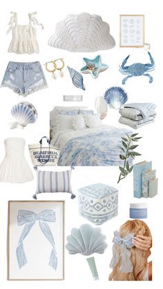 a collage of blue and white items including a bed, pillows, pictures, and other things