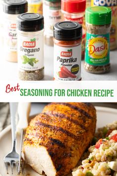 two pictures with the words best seasoning for chicken recipe on them and an image of food