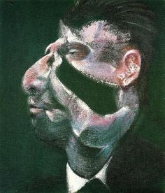 a man in a suit and tie with his face painted like a human head, looking into the distance