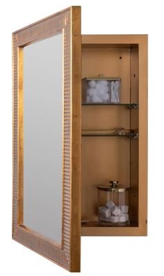 an open wooden medicine cabinet with shelves and mirror