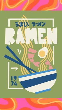 an advertisement for ramen with chopsticks in a bowl and the word ramen on