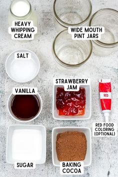 ingredients to make strawberry jam in glass bowls